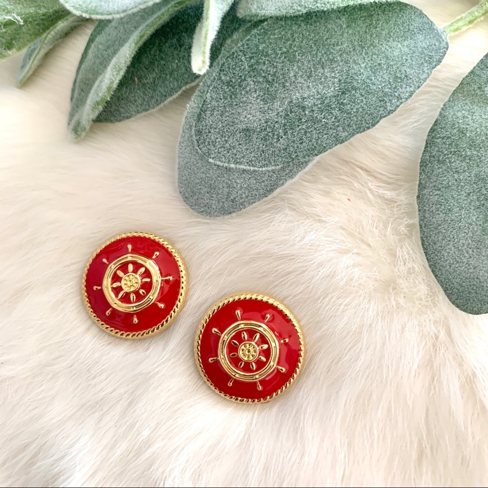 Vintage Round Red & Gold Nautical Anchor Earrings